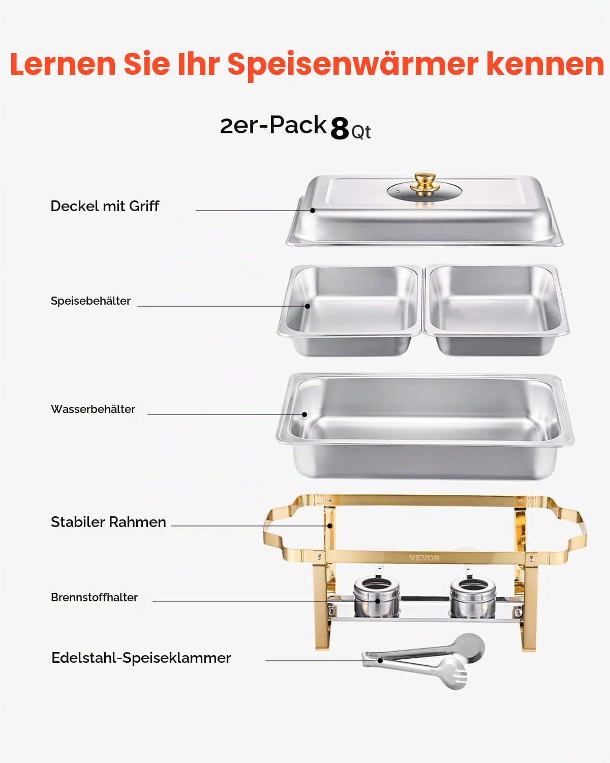 VEVOR Chafing Dish Set Speisenwärmer Edelstahl mit 4 Behältern in halber Größe (4 L pro), rechteckiger Wärmespender mit sichtbarem Deckel & Wasserpfannenständer & Brennstoffhalter, für Partys