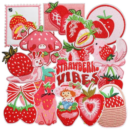 16 Pcs Strawberry Aesthetic Iron on Patches Cute Preppy Red Strawberry Fruit Sew on Repair Embroidered Girly Accessories Applique for Girls Women Gifts Clothing Backpack Hat DIY Craft