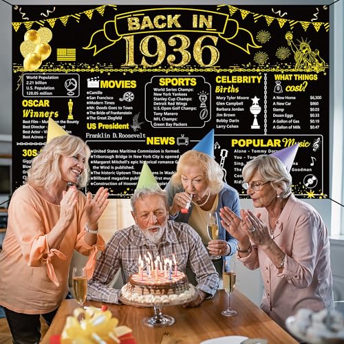 Image of DARUNAXY 90th Birthday Black Gold Party Decoration, Back in 1936 Banner 90 Year Old Birthday Party Poster Supplies, 6x3.6ft Large Fabric Vintage 1936 Backdrop Photography Background for Men and Women