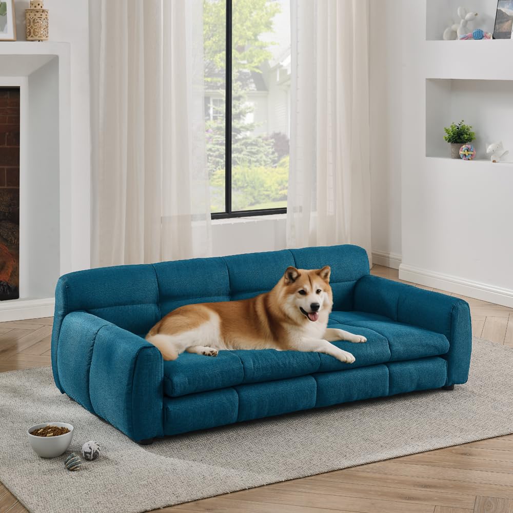 51" Dog Sofa Couch Bed for Small, Medium, Large Dogs, Soft Memory Foam Pet Sofa with Durable Linen Fabric, Comfortable Pet Couch with Backrest and Armrests, Easy to Clean and Maintain（Dark Blue）