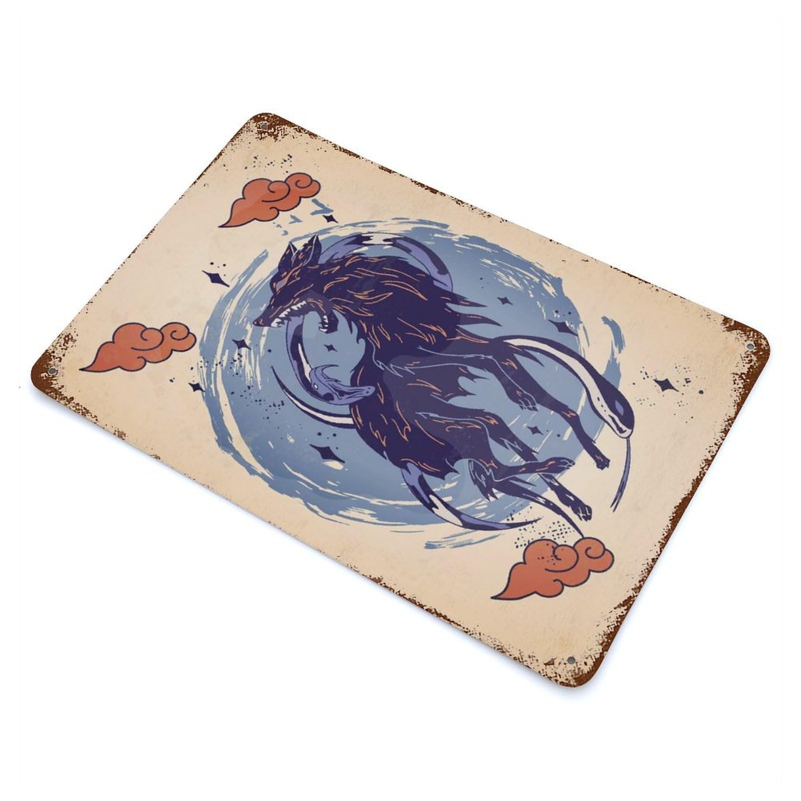 Rust Effect Japanese Wolf Weathered Tin Sign 11.8"x7.9", Novelty Wall Decor for Office, Studio And Wall Decor