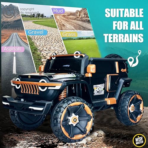 Image of Wishmaster Kids Battery Operated Car, Big Size 1166 Model, 4 Motor Ride-On EV for Boys & Girls 1-10 Years | Remote + Steering + Mobile App | Bluetooth Music | Black & Gold Kids Electric Jeep