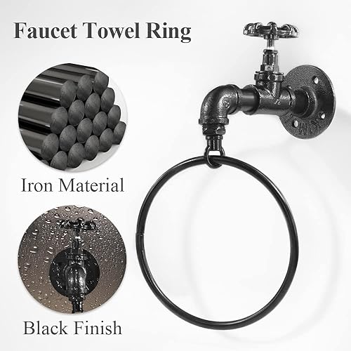 Miniatura 4 de WiseWater Paquete de 2 anillos de toalla industriales con grifo de agua soporte de toalla para grifo de tubería negra colgador de mano montado en la