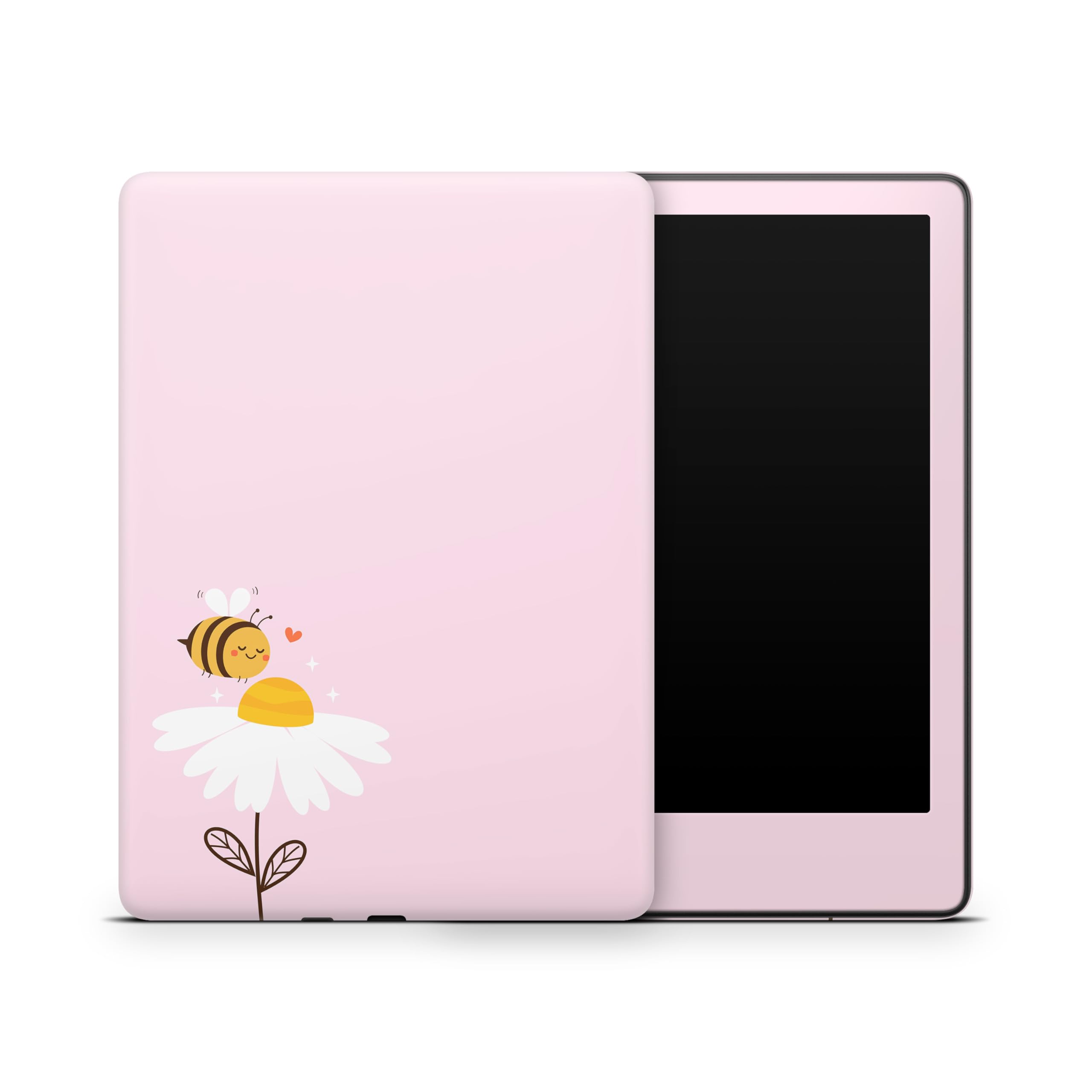 ZOOMHITSKINS Glitter Kindle Skin Compatible with Kindle Paperwhite Gen 12 (2024), Bee Daisy Pastel Pink Cute Cartoon Flowers, Easy Bubble-Free 3M Vinyl Decal, Made in The USA