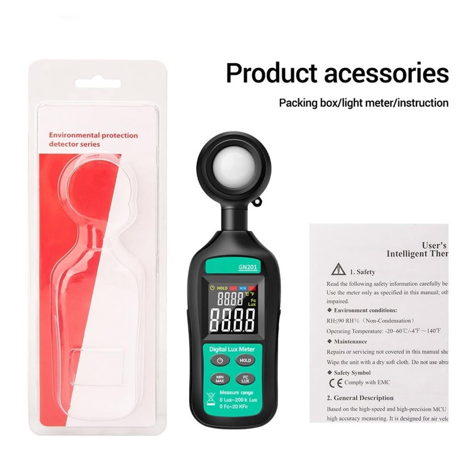 Luxómetro Portátil, Medidor de iluminancia, medidor de iluminancia digital, medidor de iluminación de mano, instrumento de medición de temperatura ambiente de mano, para interiores y exteriores