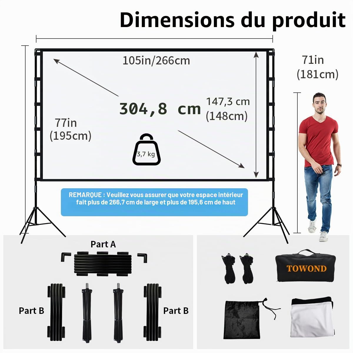 Towond Écran de Projection 120 Pouces Portatif 16:9 HD avec Support et Sac de Transport