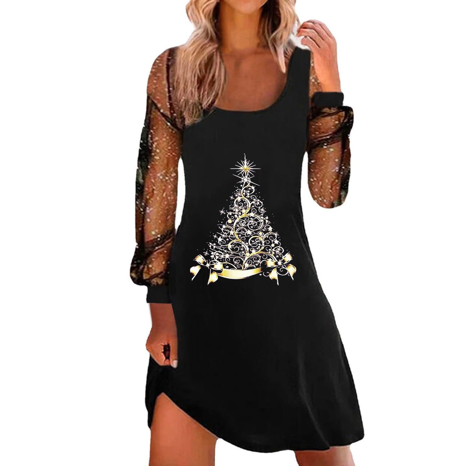 Women Christmas Dresses UK Sexy Spaghetti Strap Tank Dress with Mesh Long Sleeve Santa Xmas Dresses Plus Size Women's Soft Santa Costume for Chirstmas Party Prom