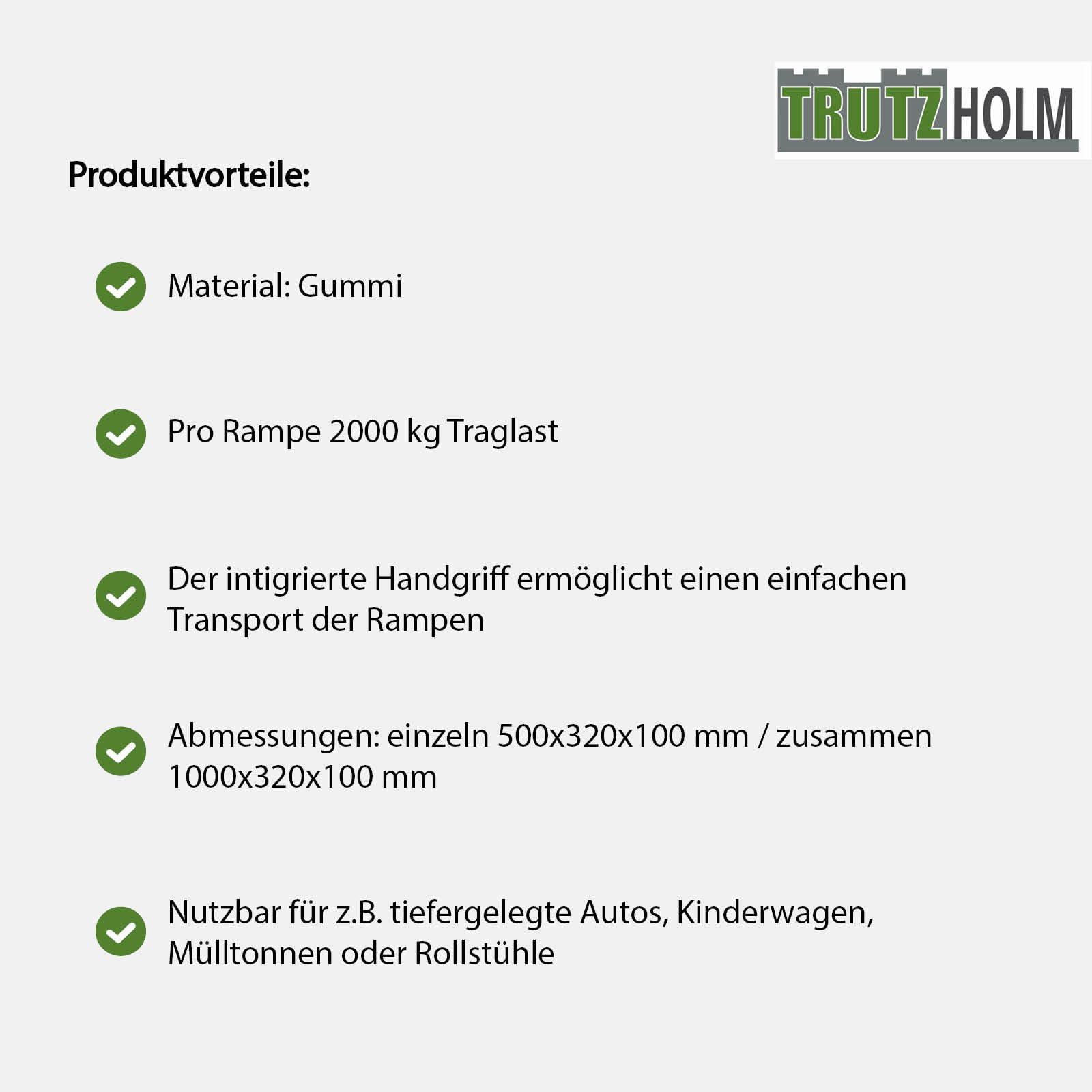 Bordsteinrampe für 10 cm Ausgleich aus Robustem Gummi - Rampe für Rollstuhl, Türschwelle, Auto, Motorrad und Bordsteinkanten - 2 Stück