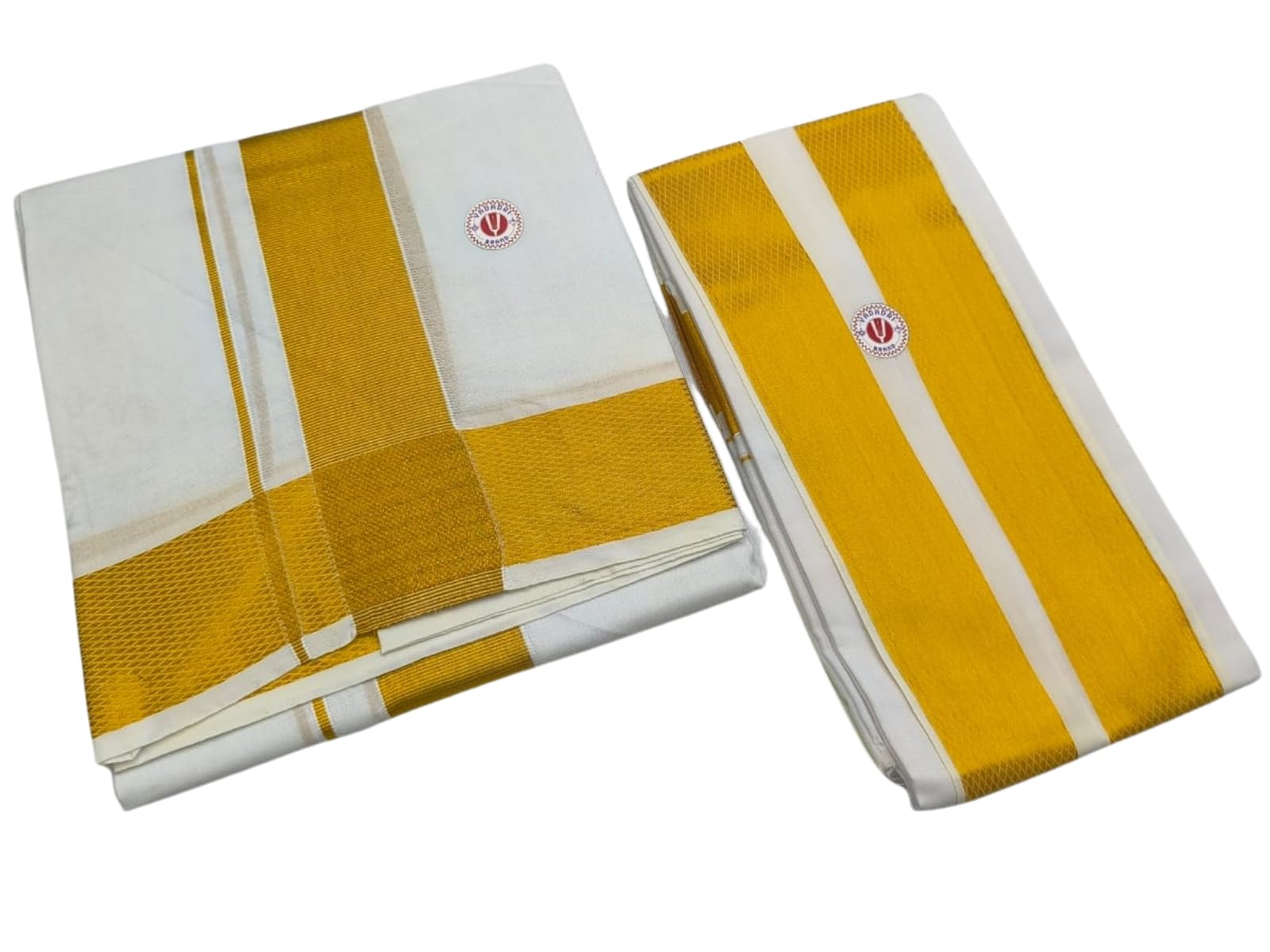 yadadri Men's Traditional Cotton Dhoti (2.0 Mtrs) With Angavastram (1.75 mtrs) - White Color with Big Golden Border-picture-58