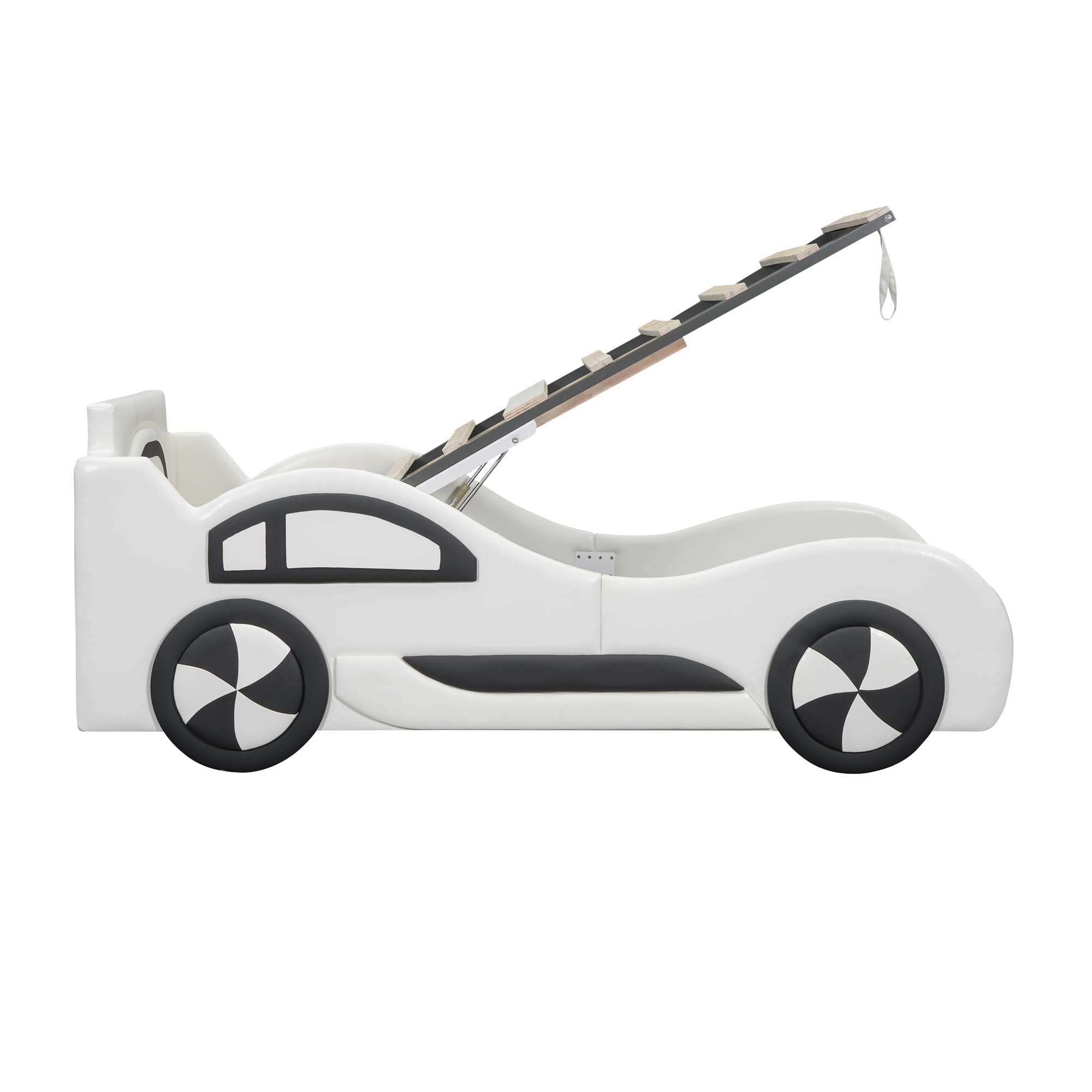 Zepneiy Lit Enfant 90x200 avec Espace de Rangement, Lit Voiture Garcon avec à Lattes, Cadre de lit Simple aus PU Blanc (sans Matelas)