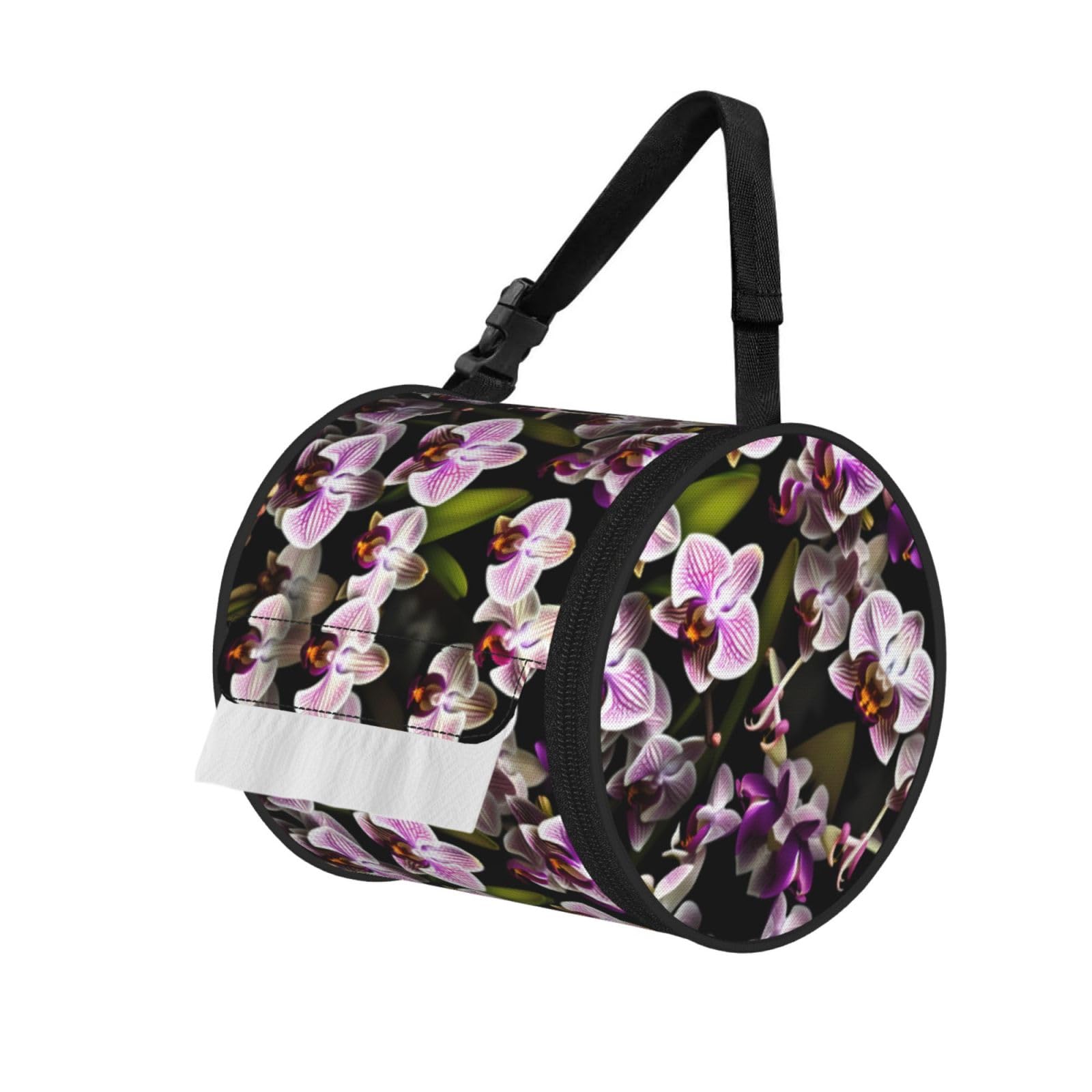 Orchids Print Cylinder Tissue Organizer Bag With Strap, Portable Toilet Roll Holder For Camping Car