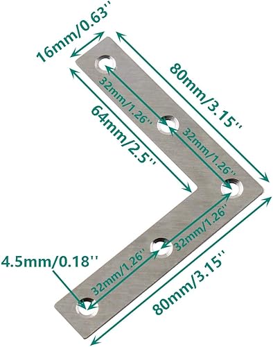 Miniatura 9 de Paquete de 10 placas de soporte de reparación de acero inoxidable en forma de L, soporte de esquina plana para madera, fijación de metal, soporte de
