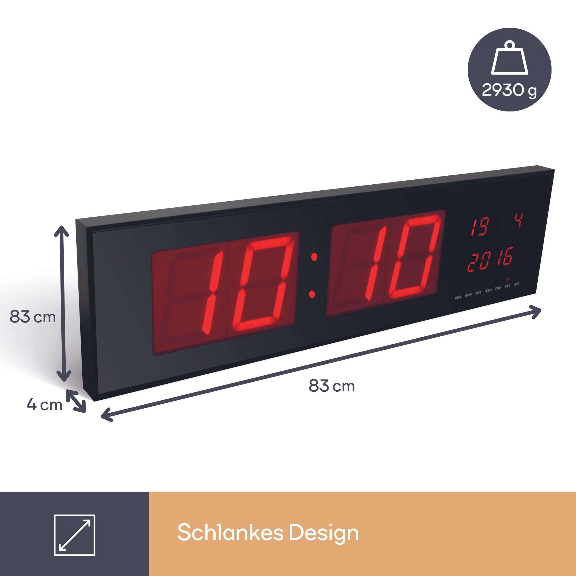 Perel Wanduhr mit LED-Anzeige, digital Uhr Wand, Wanduhr digital groß, batteriebetrieben, Digitale Wanduhr groß, Digitaluhr Wand, Uhr Wand digital, schwarz, rot