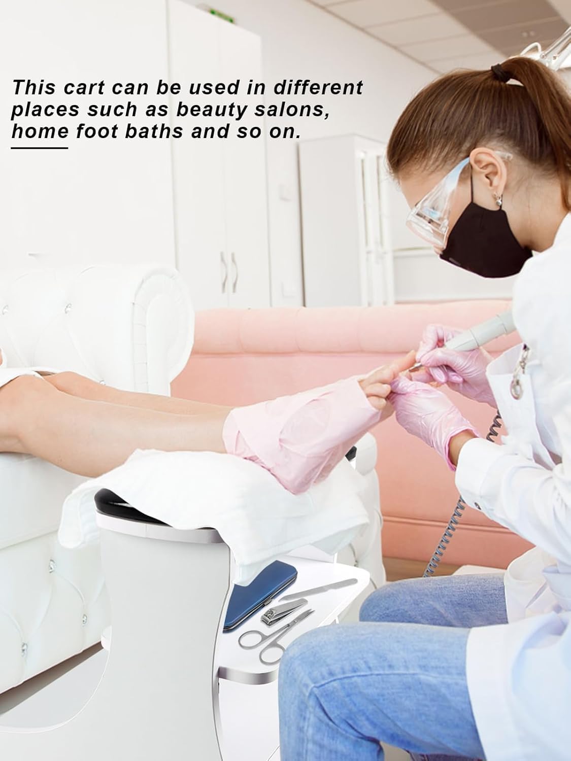 Repose pieds de pédicure à roulettes en cuir PU, tabouret de manucure mobile pour salon de beauté (noir blanc)
