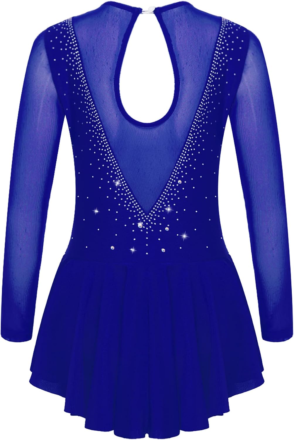 Girls Long Sleeves Figure Ice Skating Dress Kids Leotard Roller Skating Rhinestones Sheer Mesh Ballet Dance Dress