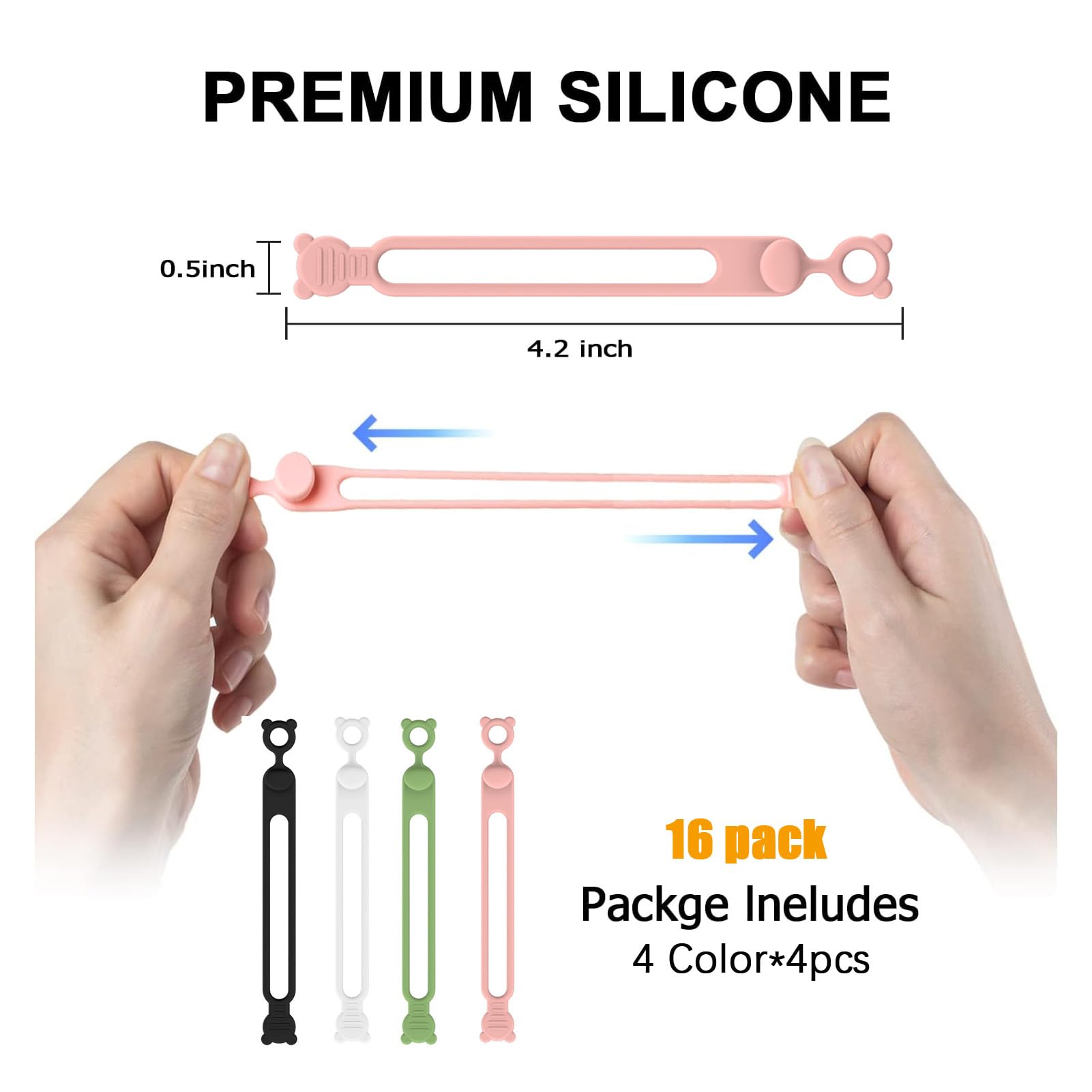 IFNOW 16Pcs Silicone Cable Straps – Black, White, Pink & Green, Adjustable Reusable Cord Organizer With Lock Buckle, For Travel, Home, Office
