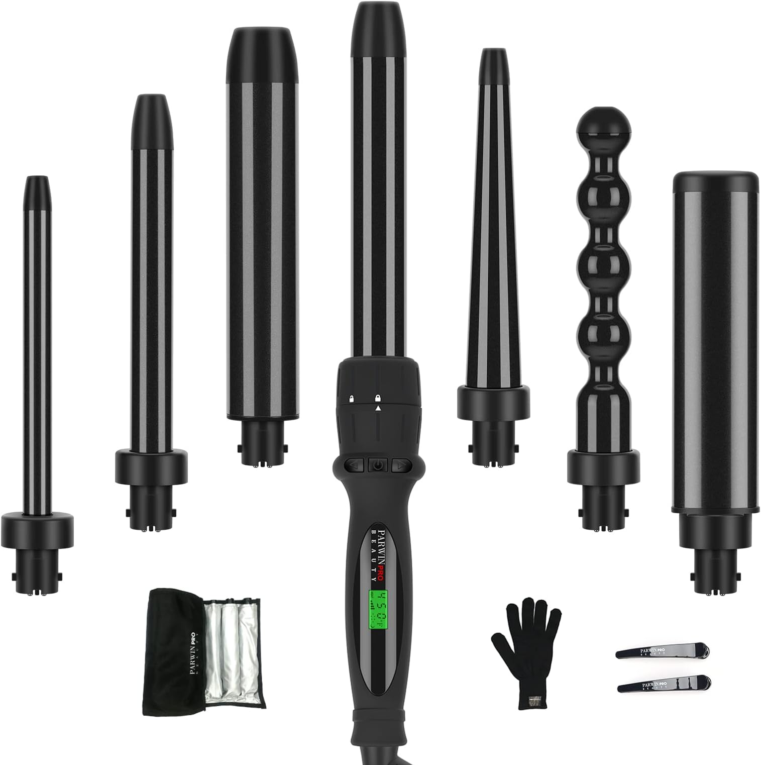 Curling Iron,PARWIN PRO BEAUTY 7 in 1 Curling Wand Set with 7 Interchangeable Barrels and Heat Protective Glove Auto Shut Off Dual Voltage