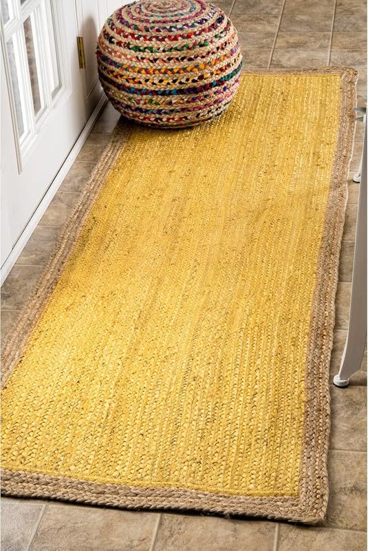 Tapis bohème chic en jute naturelle tressé à la main – Décoration rustique pour salon, salle à manger et chambre à coucher – Jaune – 6,8 x 3 m