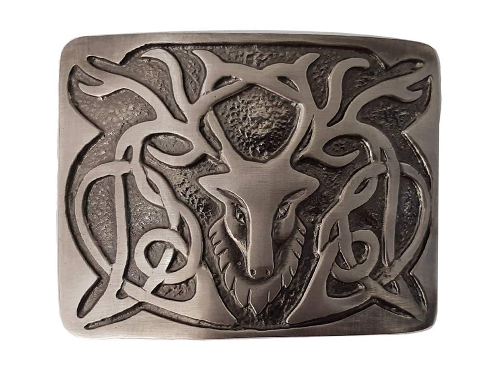 Mens Scottish Highland Deluxe Kilt Belt Buckle - Many to Choose From (Standard Kilt Belt Size, Antique Stag Head Buckle)