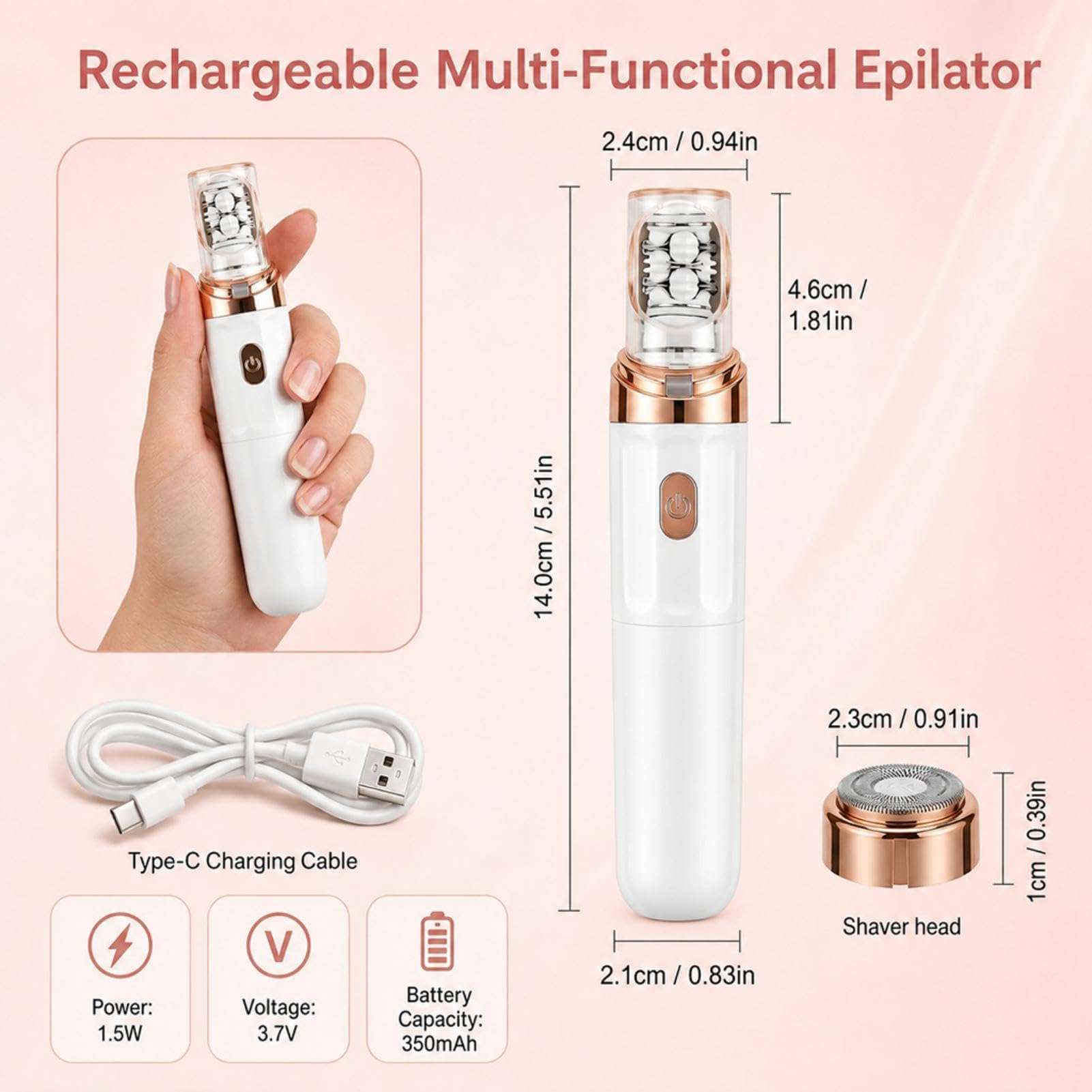 Depiladora Facial Mujer Eléctrica 2 en 1 Recargable con Luz LED, Mini Depiladora Indolora para Rostro, Barbilla y Labio Superior, Diseño Portátil y Preciso para Piel Suave (Blanco)
