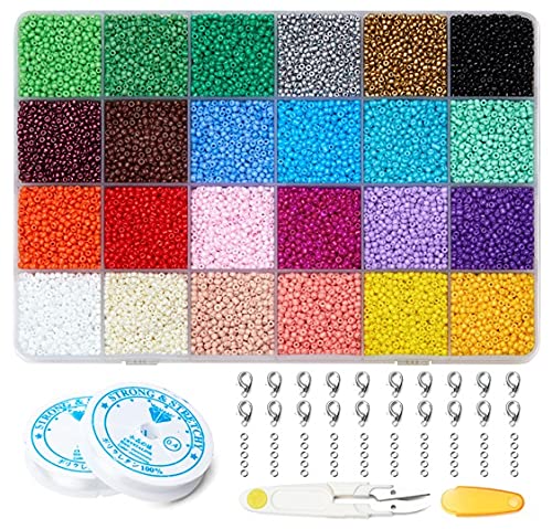 Moloni 24000pcs Glass Seed Beads for Bracelets 2mm Small Beads with 24-Grid Storage Box for Craft Jewelry Making Kits 12 0 for Kids and Adults (24 Color)