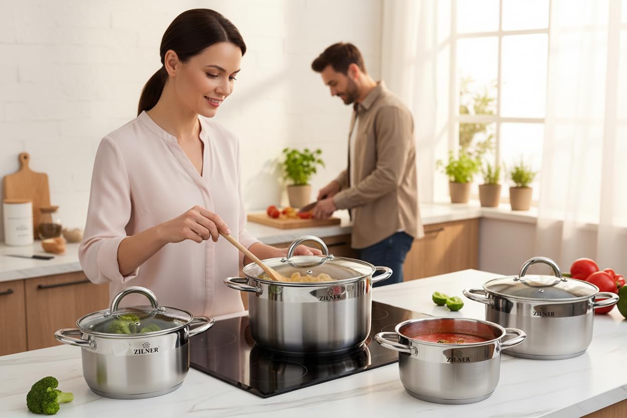 Topfset 12-teilig, Edelstahl mit Glasdeckeln, alle Herdarten, Silber | Edelstahl Kochtopf Set, Töpfe mit Glasdeckel für Induktion, Gas, Ceranfeld, Kochset 12-teilig, Silber