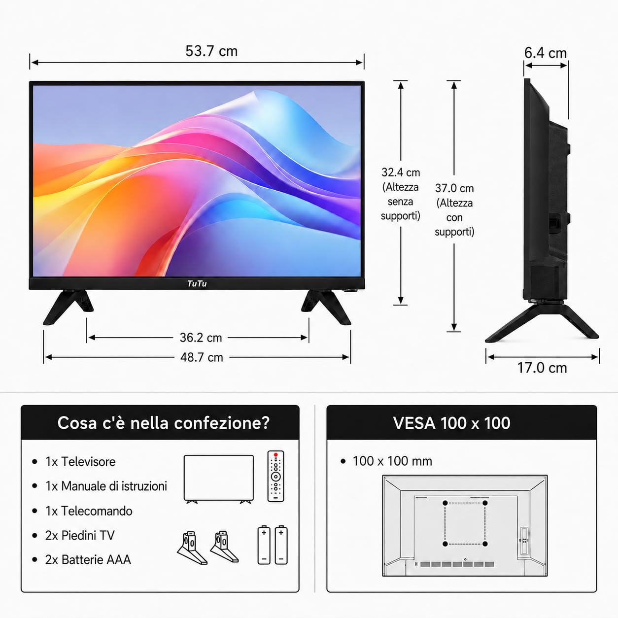 TuTu TU24Q1H-T8 Smart TV 24" con Bluetooth, Wi-Fi, 2026