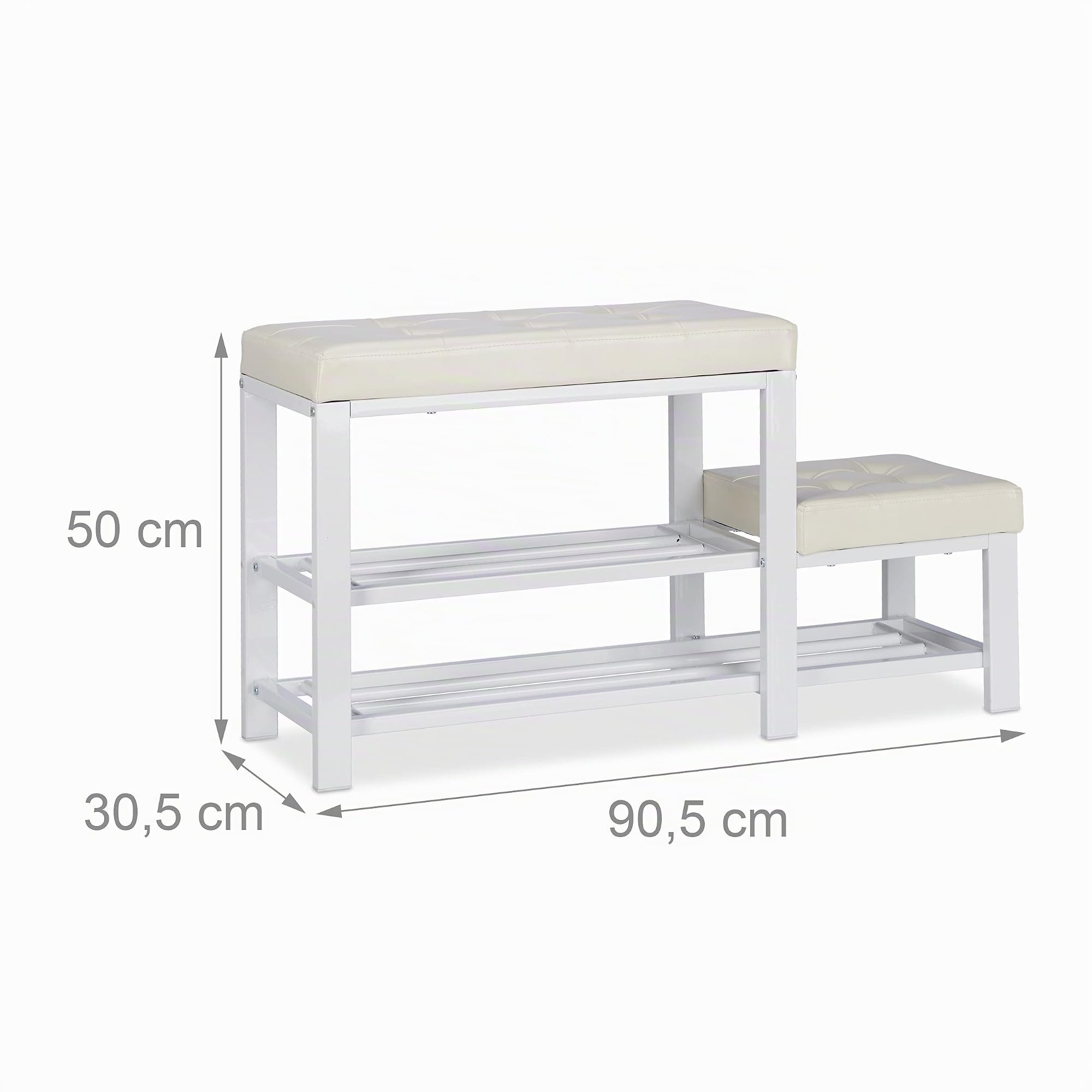 Relaxdays Banco Zapatero con Taburete y 2 Niveles, Piel sintética y Metal, Blanco, 50 x 90 x 30,5 cm