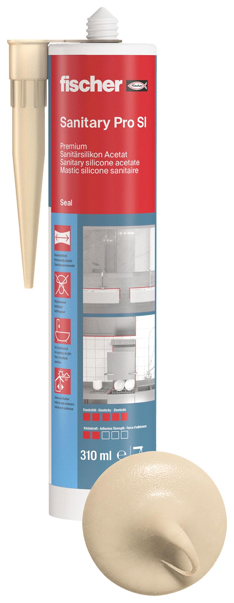 Fischer Sanitärsilikon DSSA BG, Silikon zum Abdichten & Verfugen im Sanitär- und Küchenbereich, Kartusche für zahlreiche Anwendungen und Baustoffe, 310 ml, beige, Bahama-beige