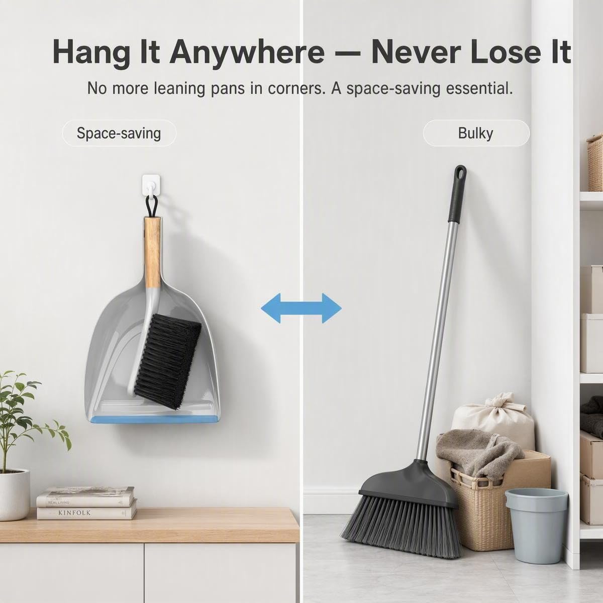 Handheld Dustpan and Brush Set, Small Bamboo Broom with Flagged PET Bristles, Soft Rubber Lip Dustpan & Hanging Loop for Kitchen Counter, Desk, Car, Pet Area and Camping