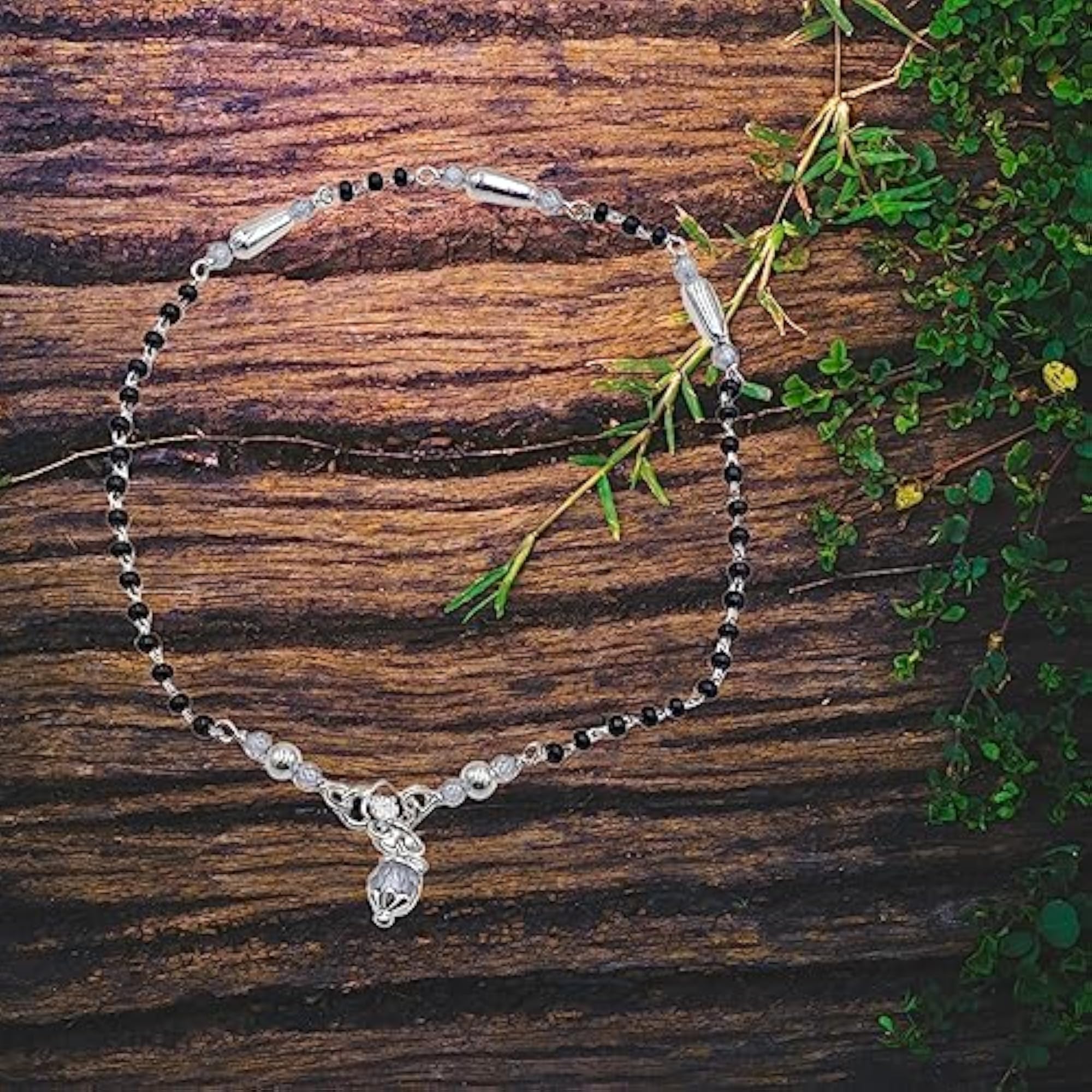 Women's 925 Sterling Silver Rhodium Nazariya Anklet with Black & Silver Beads