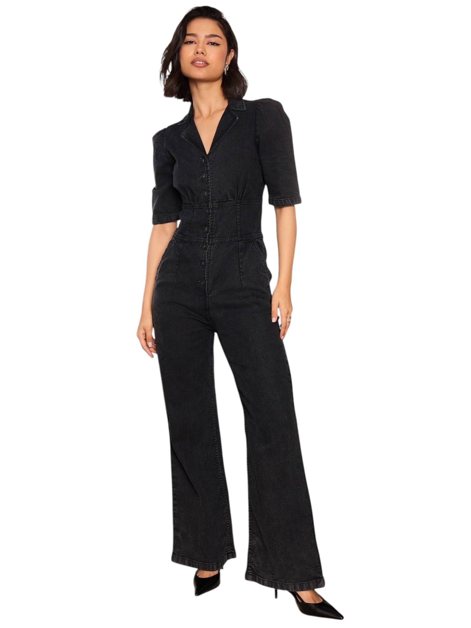 sassafras Women's Black Washed Denim Front Button Jumpsuit-XS-picture-12
