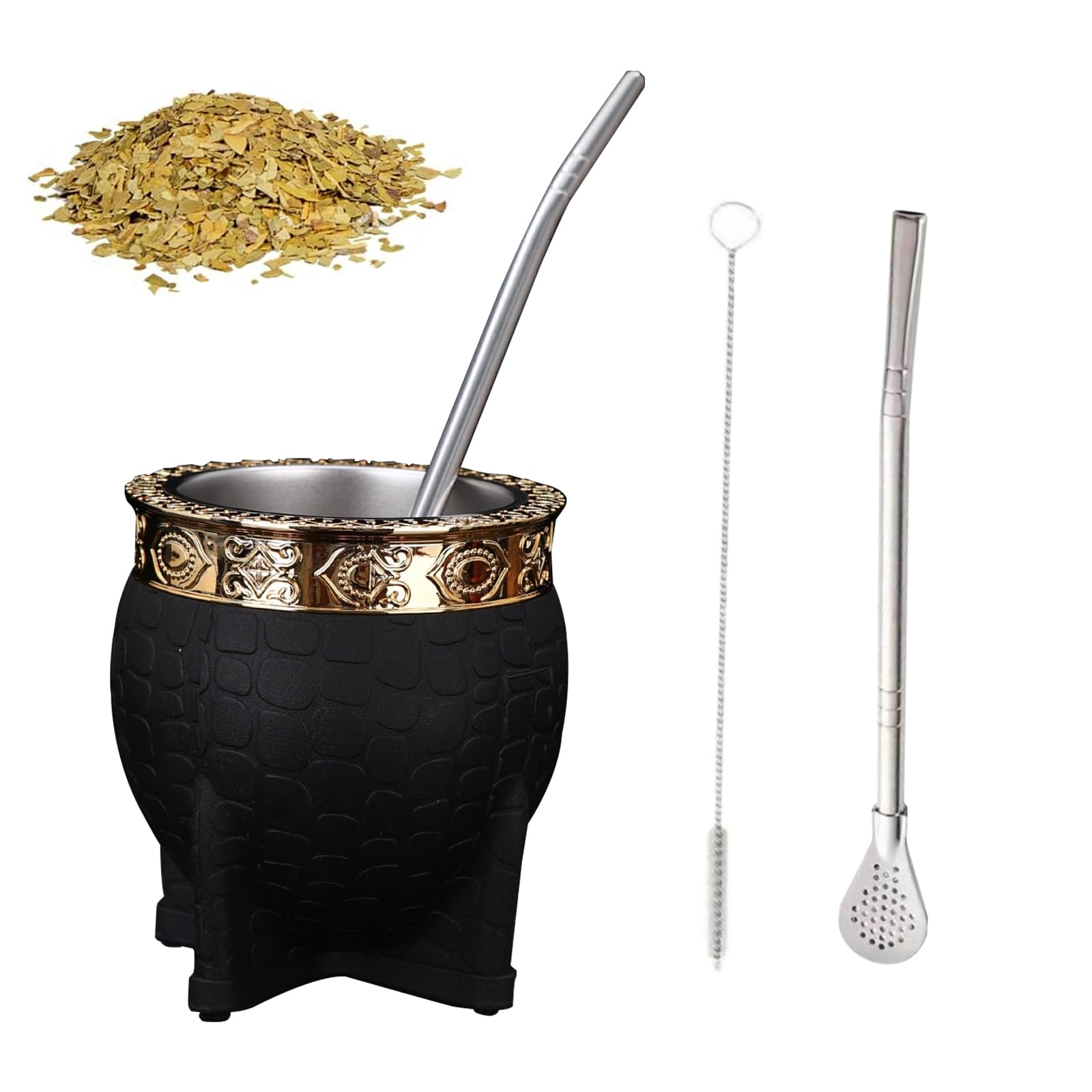 ADOFUN マテ茶カップ ステンレス製 パラグアイティーカップ マテ茶 マテゴードセット スプーンストロー ストロー洗浄ブラシ付き お手入れ簡単 断熱 真空二重構造 亀甲模様 コーヒーカップ 部屋 オフィス プレゼント (ブラック)