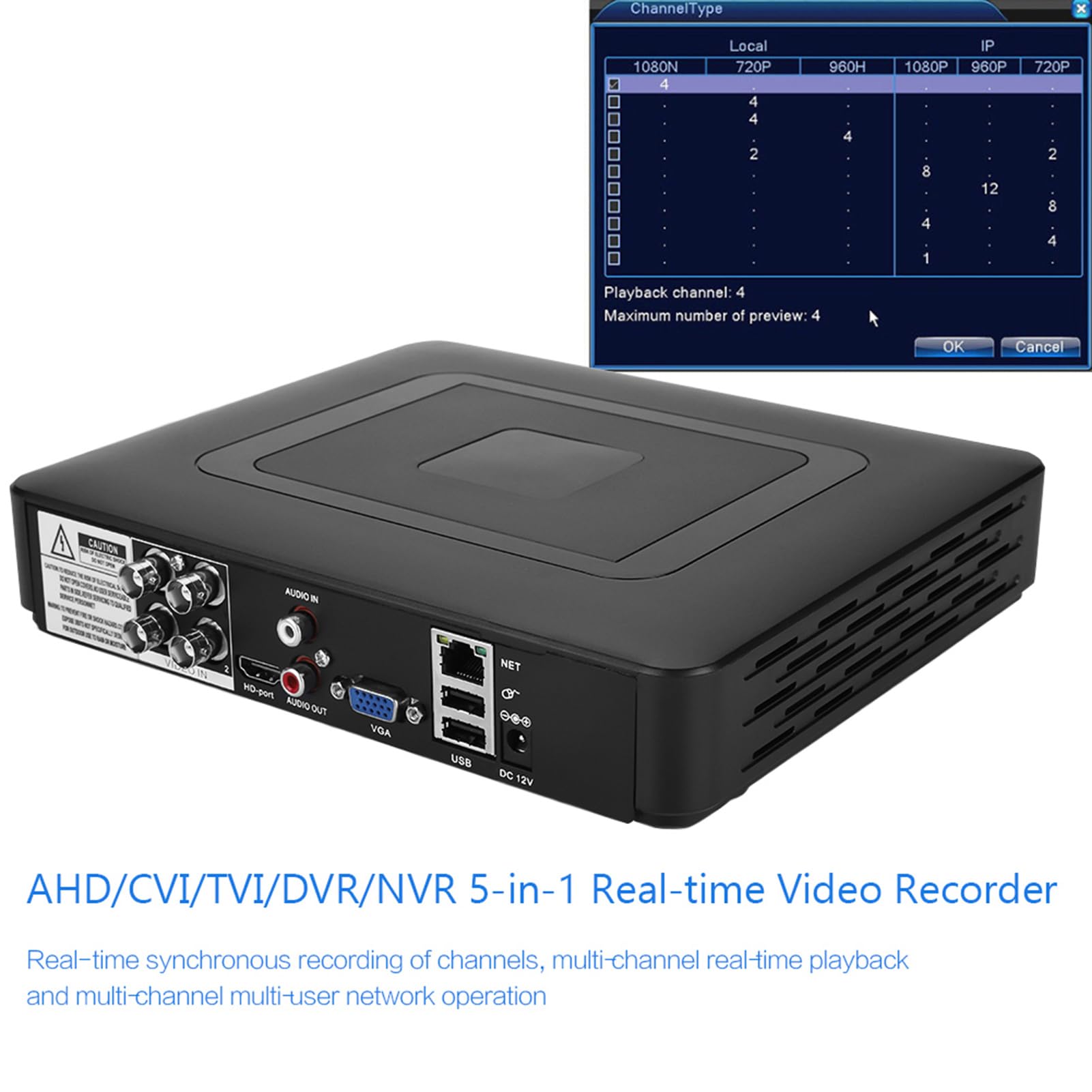 Cryfokt Rejestrator Wideo 4-kanałowy 5 w 1, 4-kanałowy Rejestrator CCTV DVR NVR w Czasie Rzeczywistym z kopią zapasową USB i detekcją Ruchu, do Wyświetlania Obrazu HD w Wielu (100-240V norma