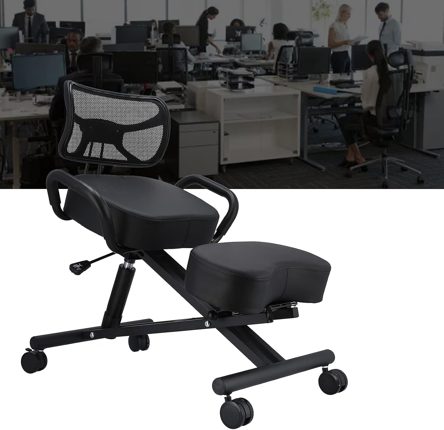 Ergonomic Kneeling Chair with Back Support, Adjustable Posture Corrective Knee Stool with Rolling Wheel and Thick Comfortable Cushion for Home Office Posture Correct and Neck Pain Relief