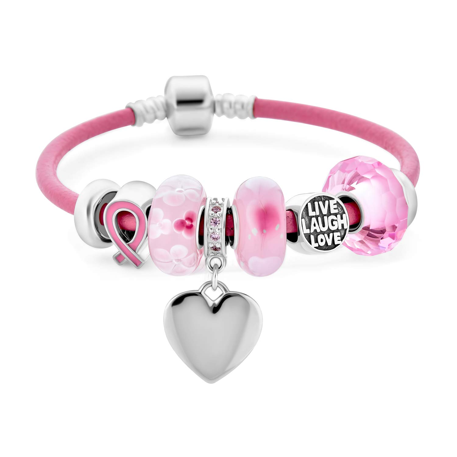 Bling Jewelry Empowerment In Rosa: Bracciale Con Charm In Cristallo Nastro Rosa Per Donne - Bracciale In Vera Pelle Rosa .925 Chiusura A Barile In Argento - Disponibile In 6, 7, 8 Pollici