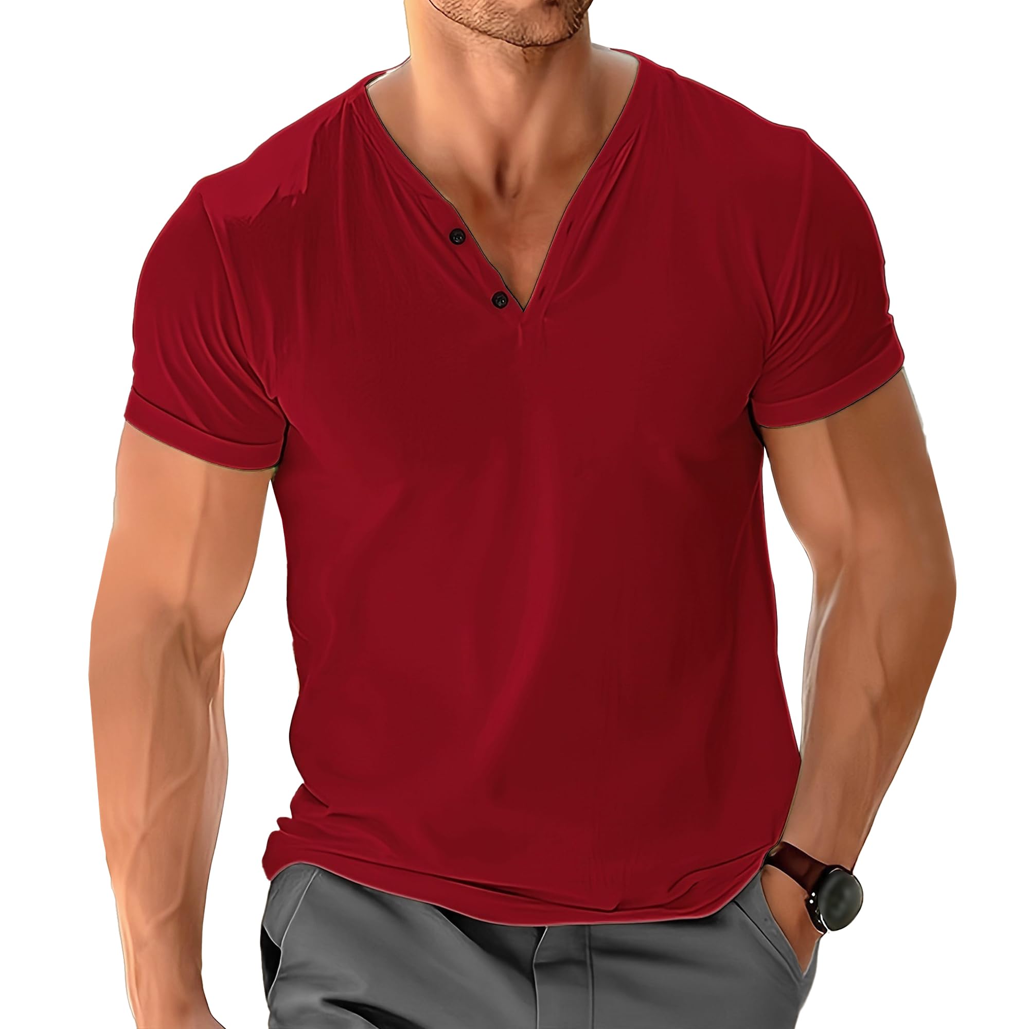 Men V-Neck Convenient Breathable Shirt Sweat-Wicking Casual Button Sports T-Shirt Summer Short Sleeve Pullover Tops (Red,Small)