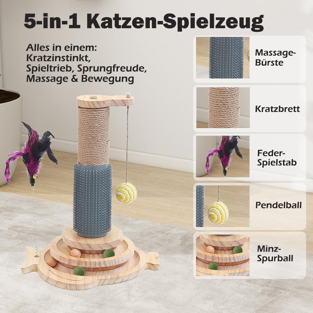 Marchul 5 in 1 Katzenspielzeug, Katze Sisal Seil Massierender Kratzbaum mit hängenden Ball, Interaktives Fährtenspielzeug für Katzen mit federnden Federn, zum Spielen im Haus