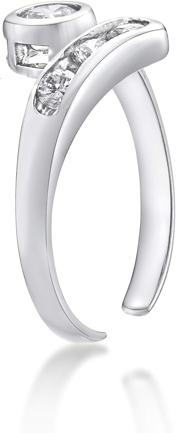 Lavari Jewelers Adjustable Open Band Toe Ring for Women - 10k White Gold with Cubic Zirconia Ring for Her - Elegant One Size Fits Most Toes - CZ Body Jewelry 7.2 MM Wide