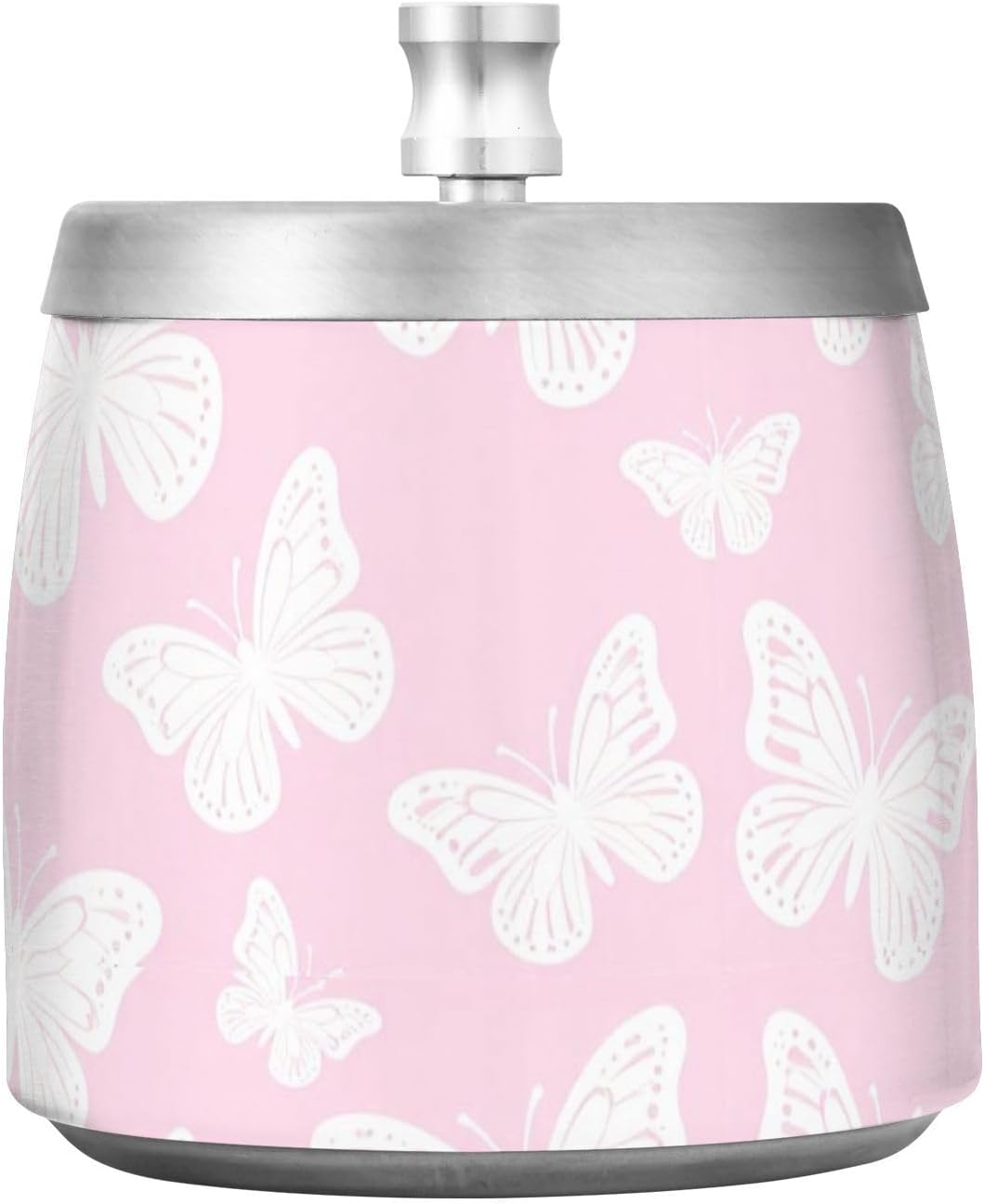 Cute Pink White Butterfly Stainless Steel Cigarette Ashtray with Lid for Patio Balcony Indoor Portable Non-slip Outside Cigarette Holder for Cigar Lovers Smokers cenicero para habanos