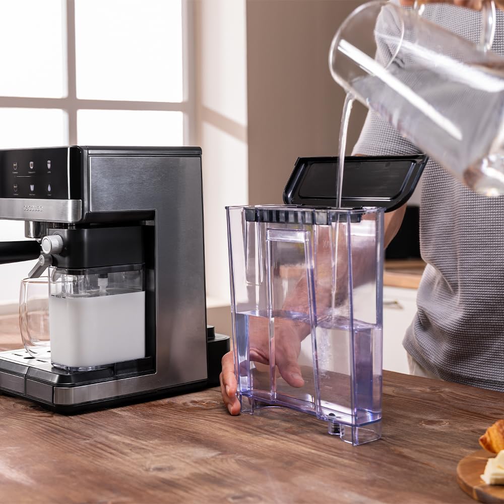 Cecotec Cafetera Express Power Espresso 20 Touch & Cream +. 1350W, 20Bares, Pantalla Táctil Recetario, Espumador, Thermoblock, Depósito Leche 500ml, Agua 1.8L, Autolimpieza, Accesorios