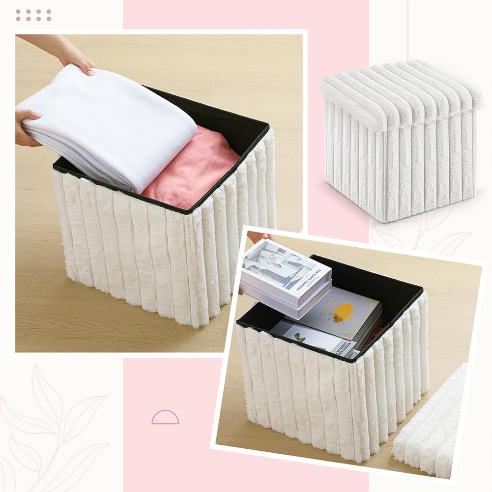 Baul Almacenaje Dormitorio, Puff Almacenaje Plegable Baúl de Almacenaje Multifuncional Banquetas Dormitorio para Sala de Estar, Dormitorio y Entrada, 38x38x38cm White