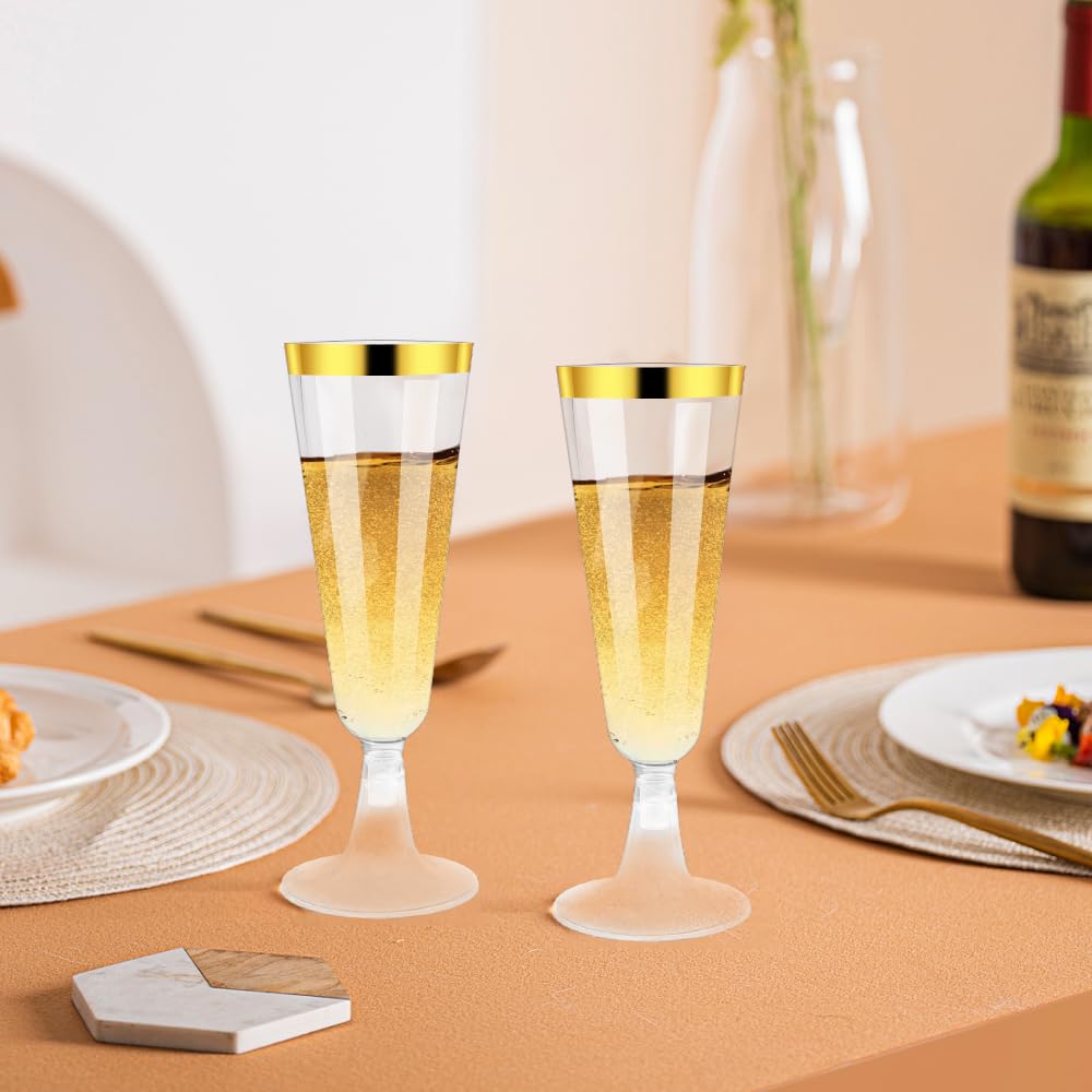 Copas de champán de plástico, 100 unidades, reutilizables, 150 ml, con bordes dorados para bodas, cumpleaños, picnics y fiestas