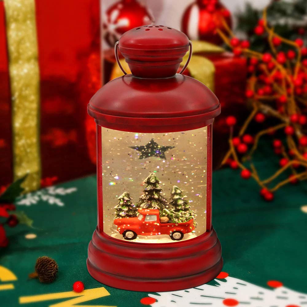 9.4" Lighted Musical Christmas Snow Globe - Vintage Red Truck With Santa & Tree, Swirling Glitter Holiday Decor