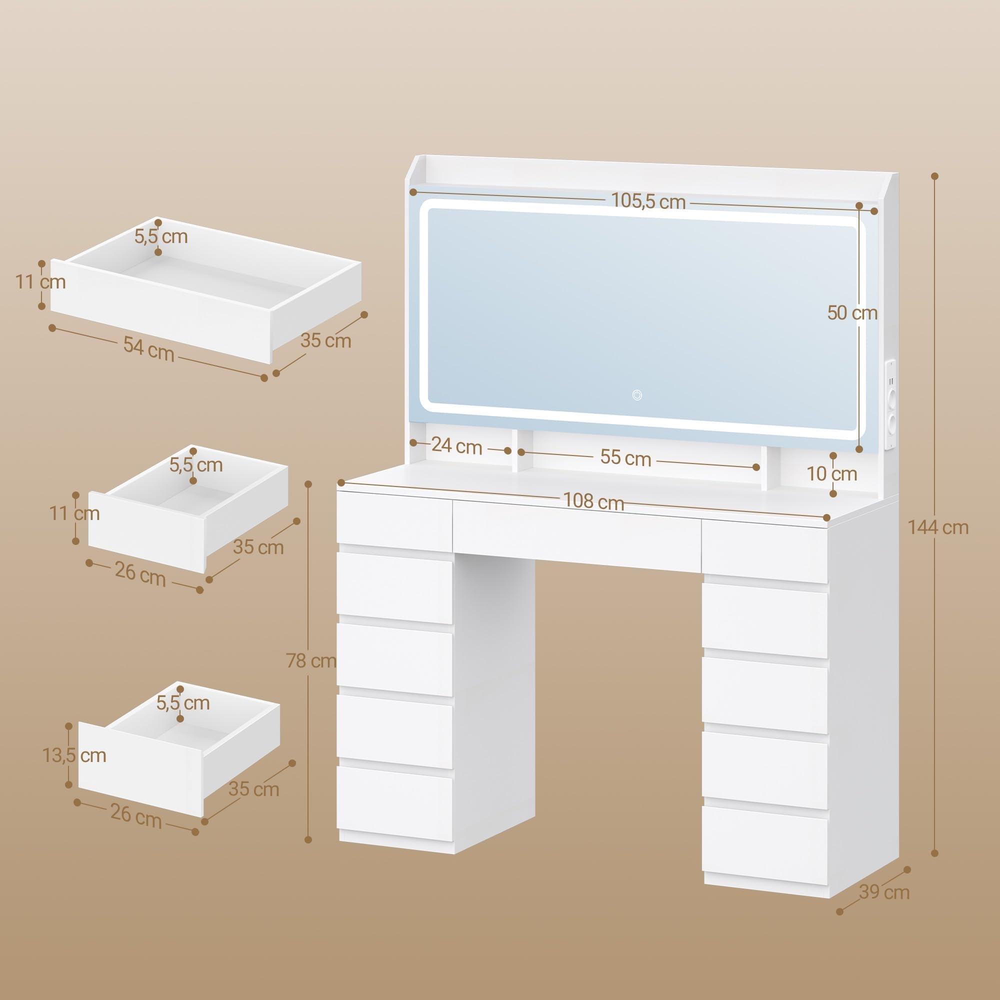Hzuaneri Coiffeuse avec Grand Miroir HD, Coiffeuse avec 3 Lumières LED à Couleurs Réglables, 11 Tiroirs, 3 Compartiments de Rangement et 1 étagère Supérieure, de Chambre, Blanc DT43003XEU