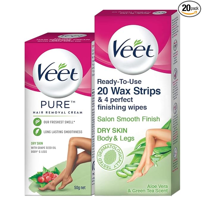Veet Hair removal cream- Dry skin-50 gm & Full Body Waxing Kit Easy-Gelwax Technology Dry Skin – 20 Strips with free Veet Glow It Girl pouch at Rs. 209