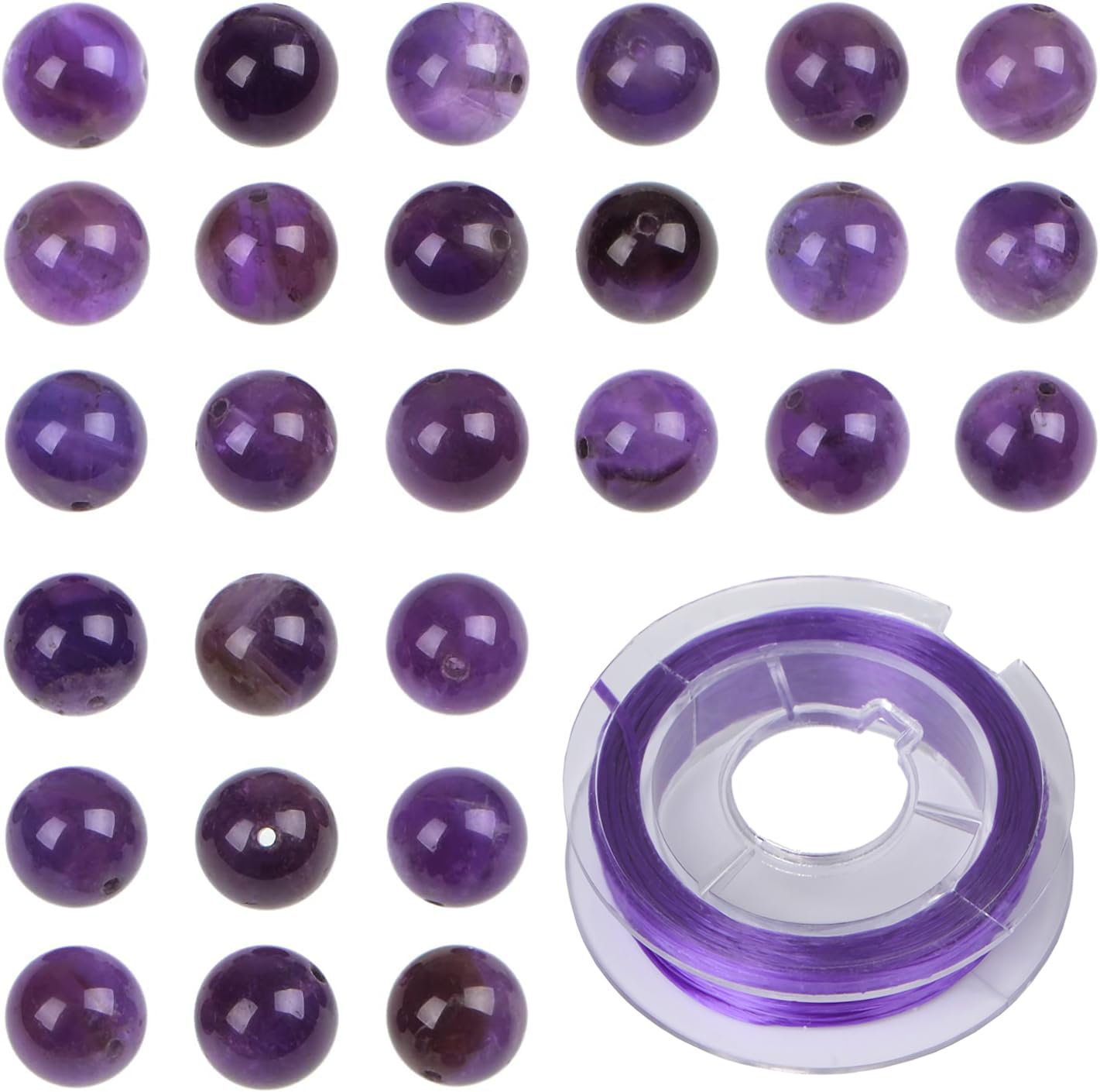 Bymitel 210pcs Natural Crystal Beads Stone Gemstone Round Energy Healing Loose Beads with Stretch Cord for Jewelry Making Bracelets Anklets (Amethyst,