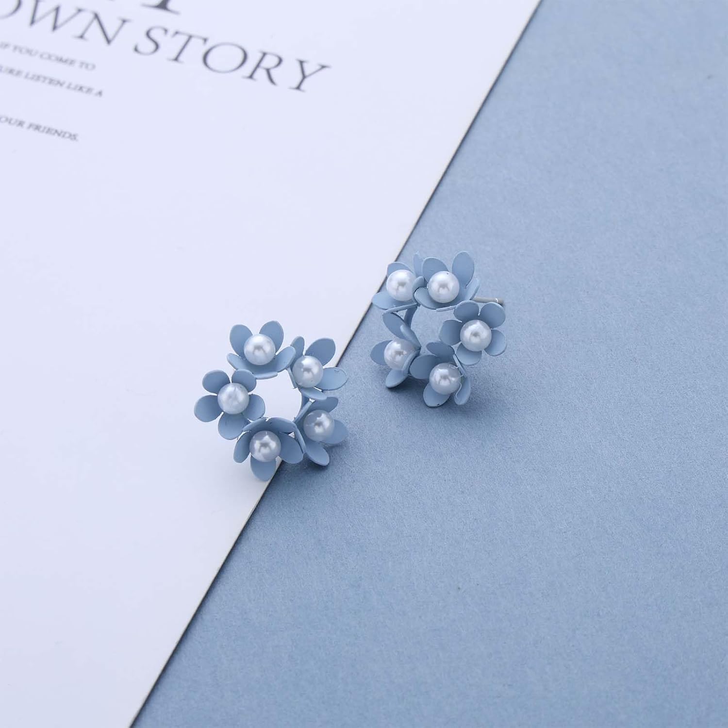 Vintage White Pearl Floral Earrings Flower Wreath Earrings Flower Circle Stud Earring Pearl Floral Stud Earring Summer Beach Jewelry for Women - Image 3
