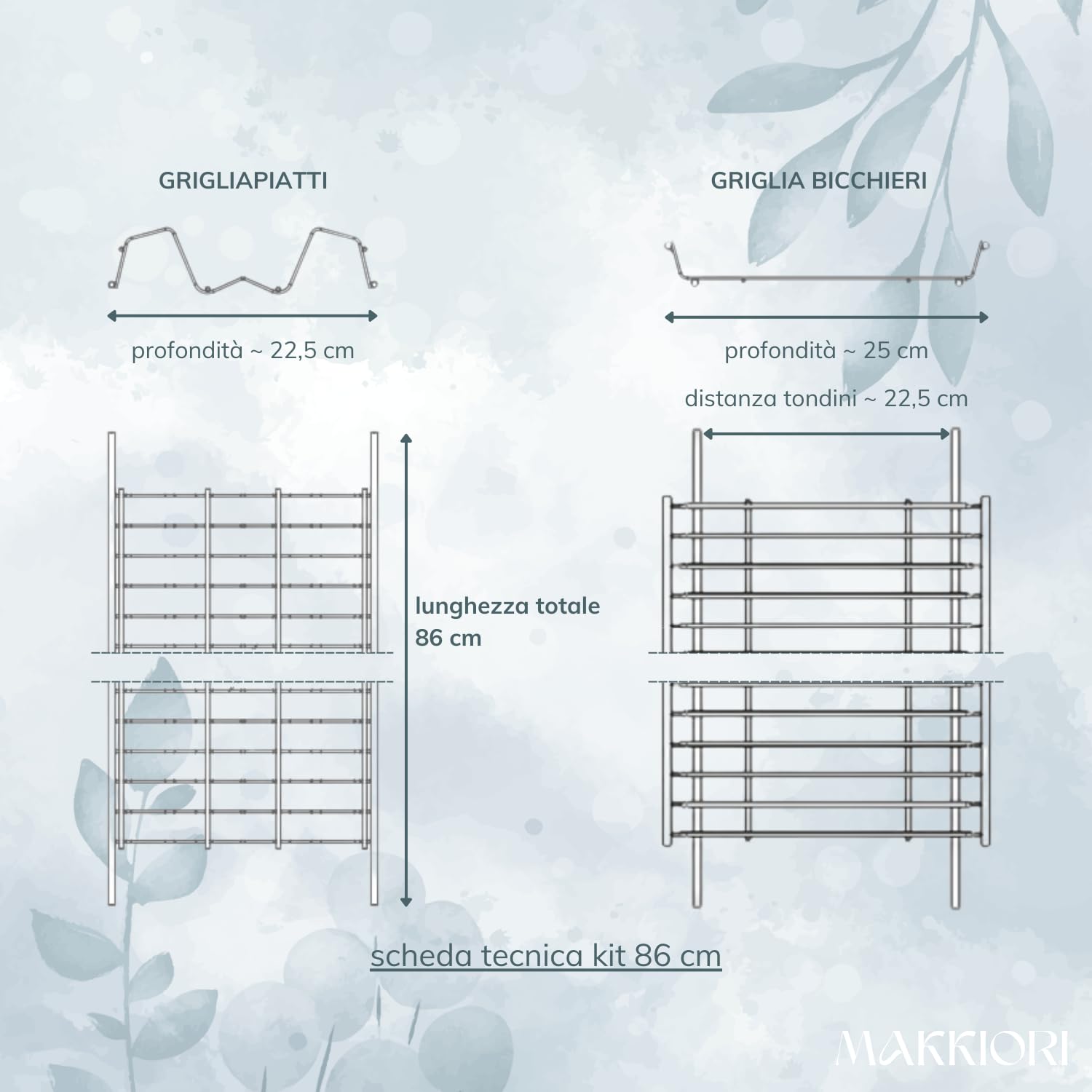 MAKKIORI Kit Scolapiatti | Griglia piatti e bicchieri con Vaschetta Raccogligoccie per Pensili Cucina | Acciaio cromo | Kit con Staffe (86 cm per pensile 90)