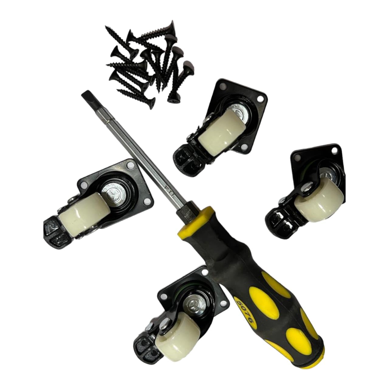 1-Inch Nylon Caster Wheels Set of 4 - Heavy-Duty Swivel Wheels with Screws & Screwdriver, Smooth Rolling for Furniture, Cabinets, DIY Projects - Sturdy Black Metal Frame - Prime Distributors